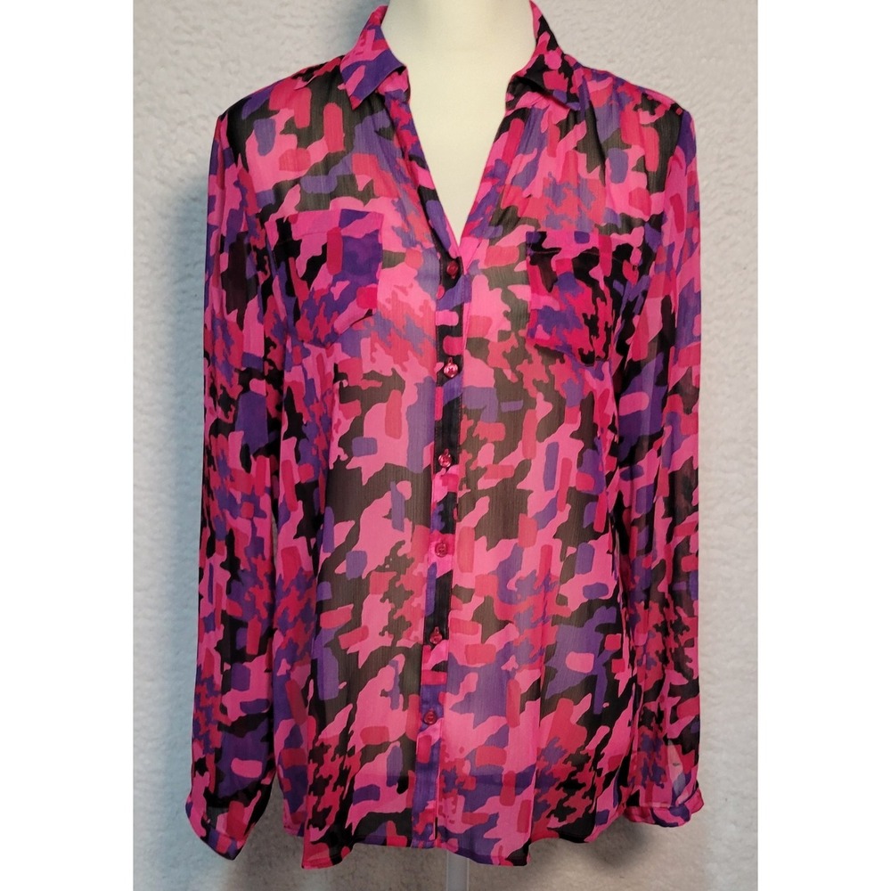 The Limited Sheer Women's Blouse Pink Size M Long Sleeve Button V-Neck 1948